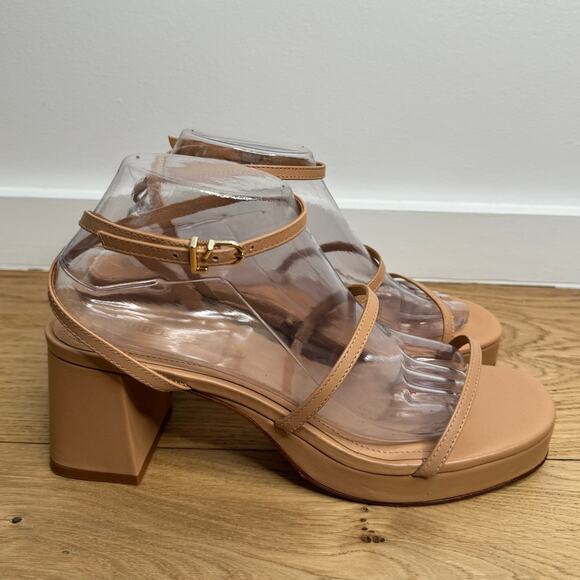 NWOT Larroudé Gio Sandal In Tan Beige Leather Block Heel Strappy, Size 9.5 - Picture 1 of 10